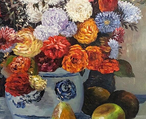 6 hand painted Renoir art Flowers in a Vase, painting bouquet in
