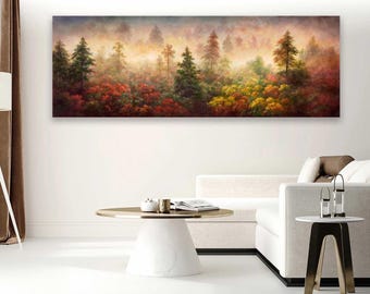 6 handmade large panoramic forest oil paintings, woods painting, texture art nature on canvas, artwork trees morning mist, autumn wall decor