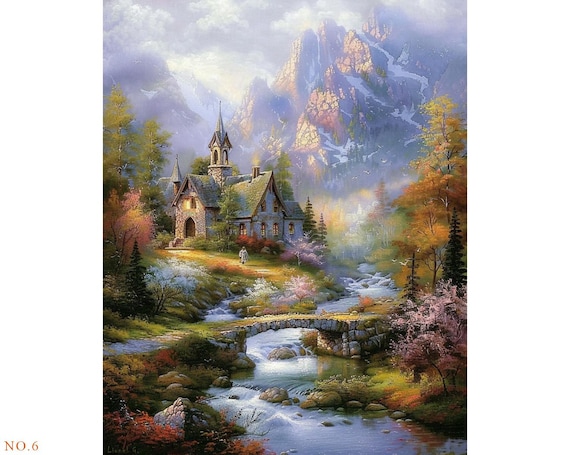 9点の手描きオリジナル山の風景画、湖の風景画、トーマス・キンケード