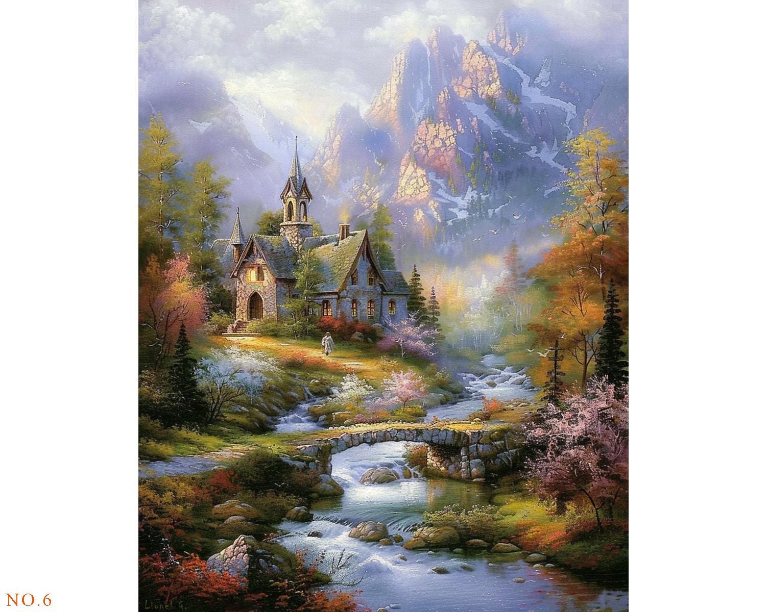 9点の手描きオリジナル山の風景画、湖の風景画、トーマス・キンケード