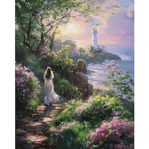 6 Hand Painted Original Floral Landscape Oil Paintings on Canvas, Spiritual Art of Girl Walking in Pink Flower Garden, Beach Lighthouse View