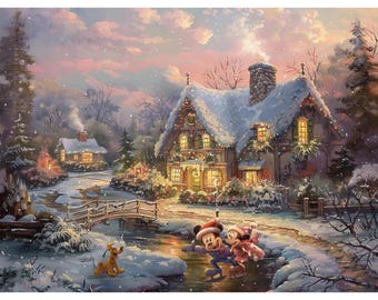 Original Disney Christmas Winter Landscape Oil Paintings, Snowing Wall Art Canvas, New Year Decoration