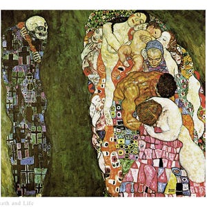 Hand painted Gustav Klimt Death and Life replica oil painting on canvas, Austrian symbolism art for room decor, spiritual art, skull artwork