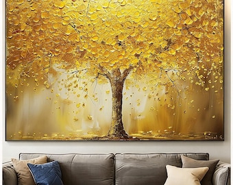 Original Gold Fortune Tree Painting, Hand-painted Textured Golden Leaf Wall Decoration Canvas, Home, Office