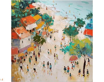 Original Oil Painting: Seaside Beach Town Scene, Hand-Painted Modern Landscape Canvas, Vintage Home Decor