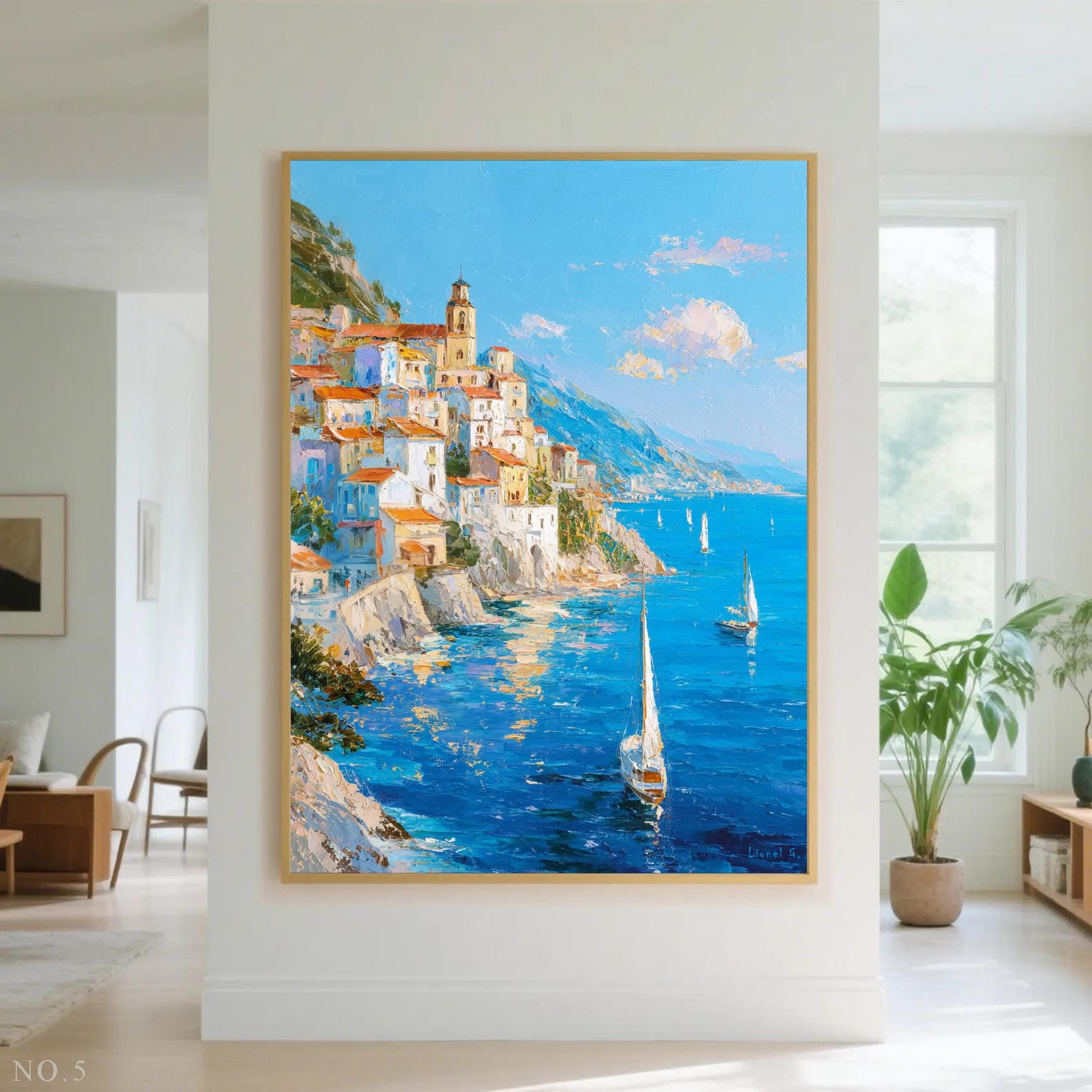 エーゲ海のオリジナルキャンバスアート、地中海沿岸風景画、寝室や
