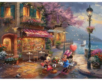 Original Mickey & Minnie love artworks, nursery art cityscape oil painting, vintage home decor, gift