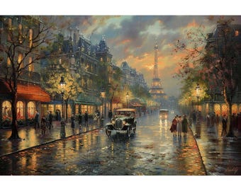 Hand-Painted Original Paris Cityscape Oil Paintings, Eiffel Tower Canvas, Rainy Nightscape, Bedroom Decor