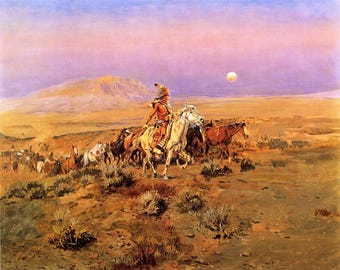 May include: An oil painting shows a Native American on horseback guiding horses across a desert. The sky is a blend of purple and yellow, with a full moon. The artwork is titled "The Horse Thieves".