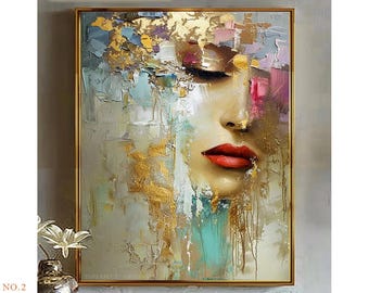 Original Hand-Painted Bohemian Woman Portraits Oil Painting – Modern Gold Texture Canvas Wall Art
