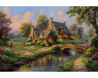 Original rustic landscape wall paintings, paradise scenery artwork on canvas, handmade farmhouse home decor