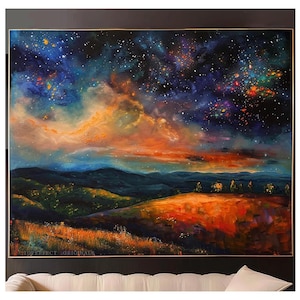 2 Handmade Starry Night Original Art Landscape Paintings, Colorful Galaxy Art, Spiritual Celestial Wall Art Stars, Night Sky Bedroom Decor