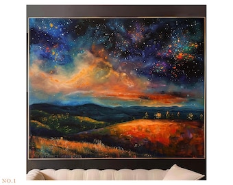 2 handgemaakte originele kunst sterrennacht landschapsschilderijen, kleurrijke Galaxy Art, spirituele hemelse muur kunst sterren, nachtelijke hemel slaapkamer decor