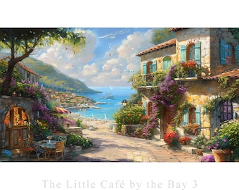 Original Mediterranean Seaside Village Oil Painting, Panoramic Wall Art Romantic Coast, Sunlit Café, Flowers
