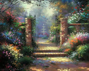 4 handgemaakte originele grote tuinkunstschilderijen op canvas, modern botanisch olieverfschilderij, bloemenmuurkunst, uur van gebed in Thomas Kinkade-stijl