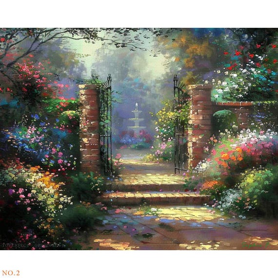 今週中に売れなければ消しますロンゴ パティオガーデン風景 油彩画 階段と花壇 キャンバスに描かれた手作りのオリジナル大型ガーデンアート絵画4点
