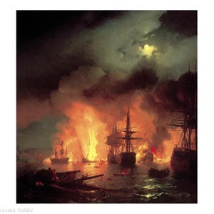 9 Handmade battleship artworks, art painting for bedroom on canvas, battleship decor for living room, Russian Turkey Naval Battle of Cheshme