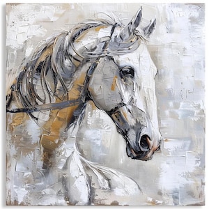 Custom Horse Head Portrait Painting | Horse Photo to Original Art on Canvas | Personalized Unique Gift | Grayscale Farmhouse Art Light Color