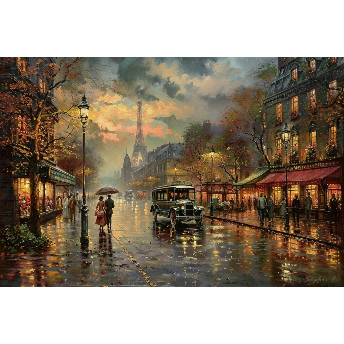 油彩画 PANORAMA DE Paris Walles作 サイン入り パリ 8 Hand-painted Paris Cityscape Oil Painting, Romantic Eiffel Tower