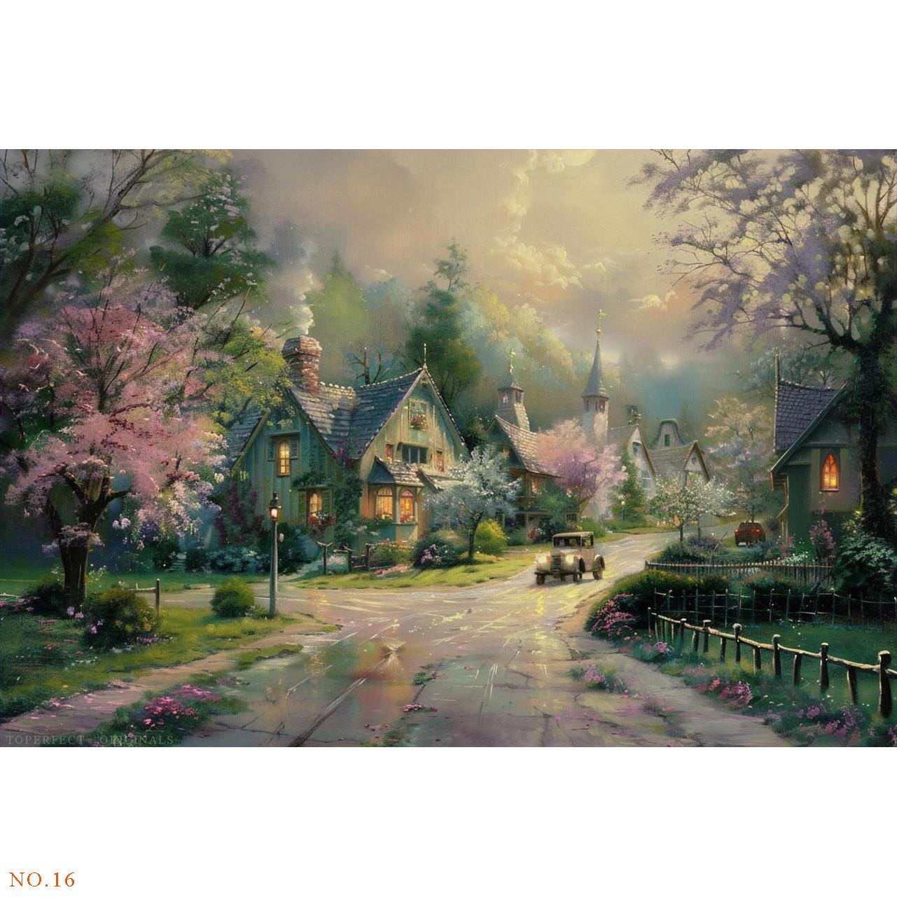 9点の手描きオリジナル山の風景画、湖の風景画、トーマス・キンケード