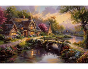 Original Middle Earth Hobbits Landscape Artwork, Hand-painted Oil Paintings, Fantasy Cottage River House Decor