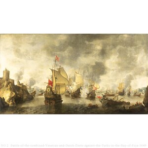 7 Handmade Reproduction of Famous Sea Warfare Oil Paintings Warships - Naval Battle of Venetian & Dutch fleets against the Turks in Bay Foja