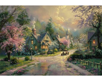 油絵 絵画【森の風景】 オリジナルの山岳風景油絵、湖畔の小屋の自然壁画、キャンバスに描かれ