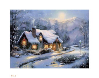 Original Snowing Wall Paintings, Snowy Mountains Oil Canvas, Moody Winter Moonlight Spiritual Moon