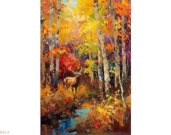 Original Elk Autumn Woods Oil Painting, Rustic Farmhouse Wall Decor, Forest, Red Yellow Trees