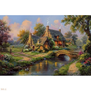 9 handmade original Thomas Kinkade style rustic landscape wall paintings, coutryside scenery artwork on canvas, farmhouse stream home decor