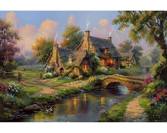 19 Original Mountain Landscape Oil Paintings, Lakeside Cabin Wall