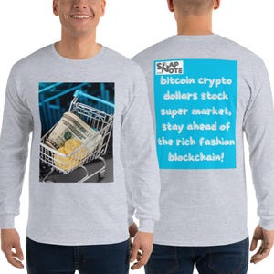 Koszulka T-Shirt Koszulka T-shirt Koszulka męska Kobiety Nastolatki Długie rękawy Jakość Ciężka bawełna Okrągły dekolt - bitcoin krypto dolary koszyk niebieski wzór
