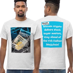Koszulka T-shirt Koszulka męska damska młodzieżowa unisex Jakość ciężka bawełna okrągły dekolt modny hipster - bitcoin krypto dolary koszyk niebieski wzór