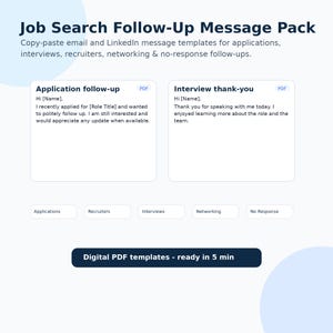 Vervolg-e-mailsjablonen voor zoeken naar vacatures, bedankbriefje voor sollicitatiegesprekken, berichtscripts voor recruiters, pdf nieuwe carrière-carrière diploma