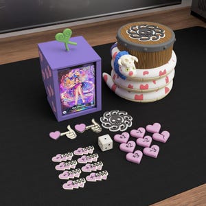 May include: A purple box with a green heart-shaped handle, a card with a woman illustration, and a snake-shaped container with a skull on top. Also included are heart-shaped tokens, a die, and skull-shaped tokens.
