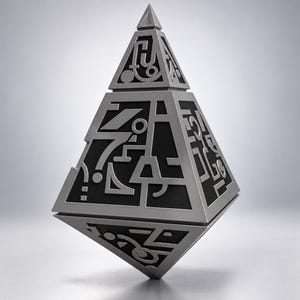 May include: A silver and black pyramid-shaped object featuring intricate, raised geometric patterns and abstract symbols across its four triangular faces. The structure has a pointed top and a wider midsection that tapers down to a sharp base point.