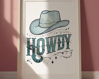 Arte mural chinoiserie con sombrero de vaquera Howdy, arte mural chinoiserie con sombrero de vaquera costera azul, decoración de habitación con estampado Howdy para adolescentes, vaquera coqueta
