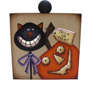 Primitive Black Cat and Pumpkin Shelf Sitter, Tiered Tray Decor, Wall Art, Handpainted Wood, Hand Painted Halloween Home Decor, Tole
