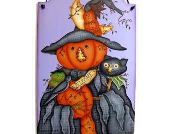 Handpainted Halloween Pumpkin Witch Wall Hanging, Tole Painting
