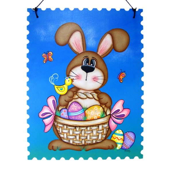 Easter Bunny Wall Hanging, Handpainted Postage Stamp Plaque, Hand Painted Easter Spring Home Decor, Tole Decorative Painting