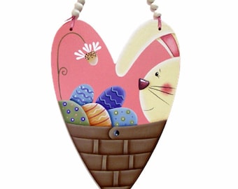 Arte de pared con forma de cesta de conejito en forma de corazón, letrero de madera pintado a mano, decoración de Pascua para el hogar, pintura decorativa de Tole
