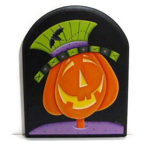 Cabeça de abóbora de Halloween com chapéu, madeira pintada à mão, decoração de casa primitiva pintada à mão, arte de parede, Jack-o-Lantern, pintura decorativa Tole