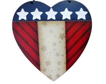 Heart Shaped Flag Wall Art or Peg Hanger  Handpainted Wood Plaque, Hand Painted Prim Americana Decor,  Tole Decorative Painting