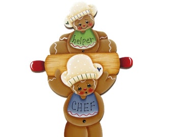 A Chef and His Helper Ginger Fridge Magnet or Ornament, Handpainted Wood, Hand Painted Gingerbread Ornament, Tole Decorative Painting