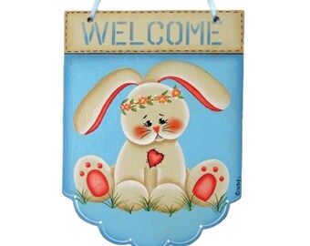 Bunny Welcome Sign,  Handpainted Welcome Banner, Hand Painted Home Decor, Wall Art, Tole Decorative Painting