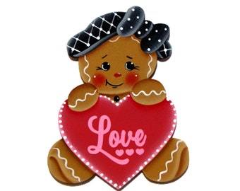Ginger with Love Heart Ornament, Tag, or Fridge Magnet, Handpainted Wood Gingerbread, Hand Painted Refrigerator Magnet, Tole Painting