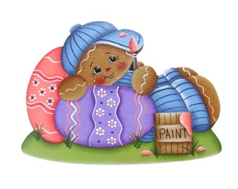 Painting Easter Eggs Ginger Ornament, Tag or Fridge Magnet, Handpainted Wood, Hand Painted Easter Gingerbread Refrigerator Magnet, Tole