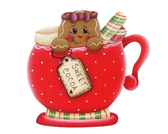 Ginger in Red Cocoa Mug Ornament, Tag or Fridge Magnet, Handpainted Wood Gingerbread Refrigerator Magnet, Hand Painted Ginger, Tole Painting