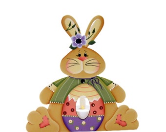 Conejito con huevo de Pascua LED portavelas de luz de té, niñera de estante de madera pintada a mano, decoración del hogar pintada a mano, pintura decorativa de tole, B1