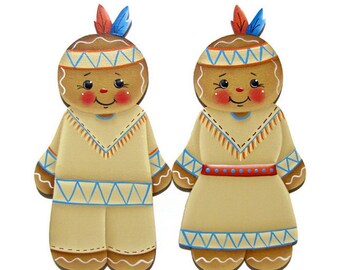 Indian Ginger Boy or Girl Fridge Magnet, Tag or Ornament, Handpainted Gingerbread Refrigerator Magnet, Hand Painted Thanksgiving Ginger